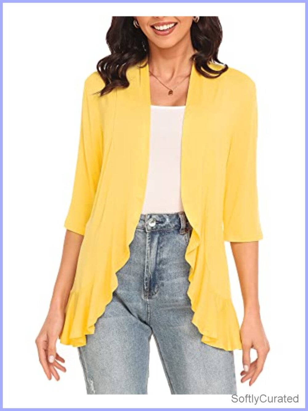 Women's 3/4 Sleeve Cardigan Lightweight Open Front Draped Ruffles Sweater
